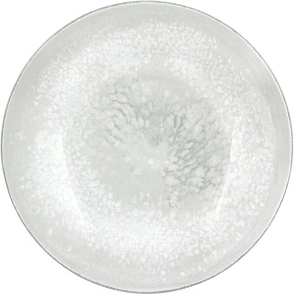 A white plate with a grey rim and white speckled surface.