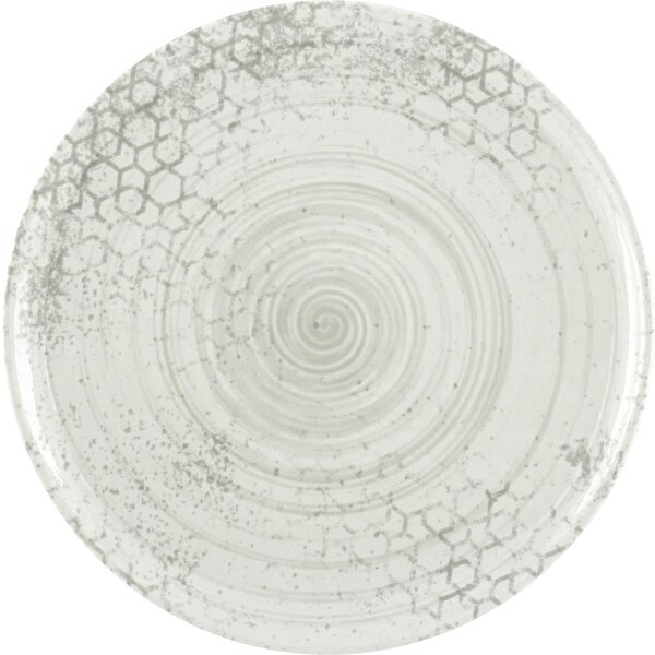 A white Bauscher porcelain coupe plate with a swirly surface.