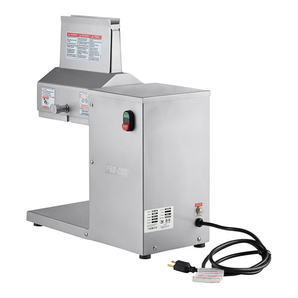 A ProCut KT-8 stainless steel meat tenderizer machine on a counter with a cord.