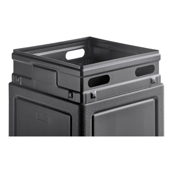 A close up of a black Lavex waste container with a dome lid.
