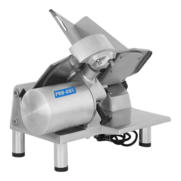 A ProCut meat slicer with a circular blade on a metal stand.