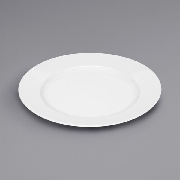 A Bauscher bright white porcelain plate with a white rim.