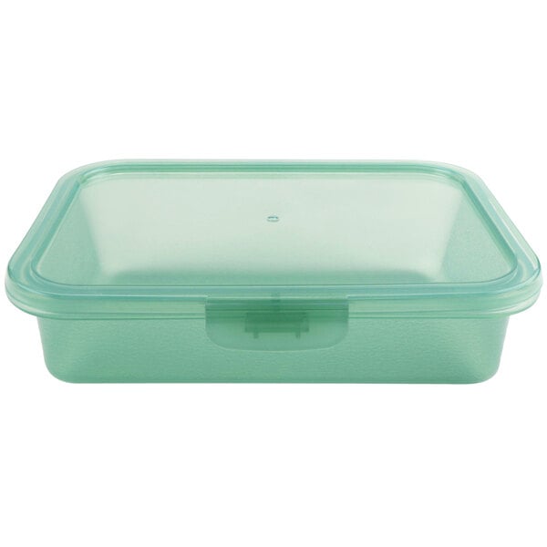 A jade green plastic GET Eco-Takeouts container with a lid.