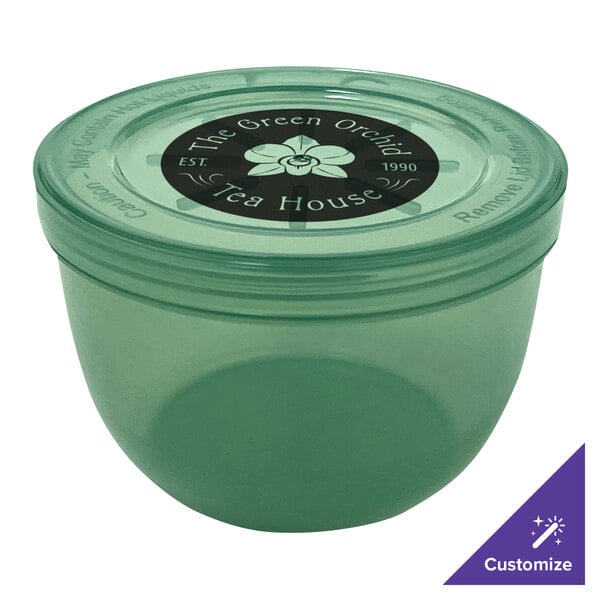 A jade green GET plastic soup container with a lid.