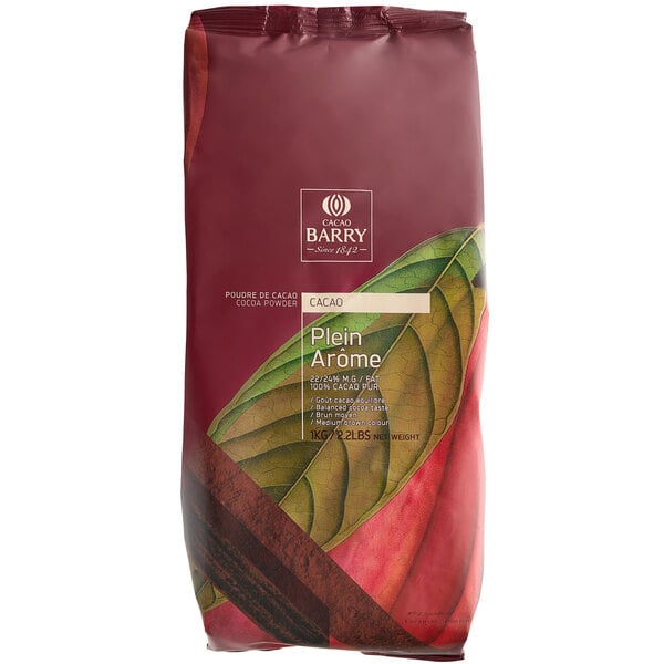 A bag of Cacao Barry Plein Arome cocoa powder with a leaf on it.