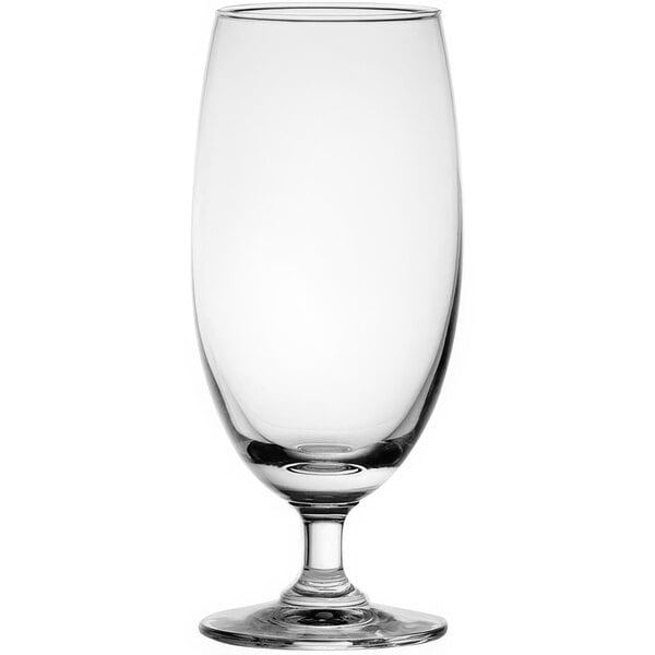 An Anchor Hocking stemmed beer glass with a white background.