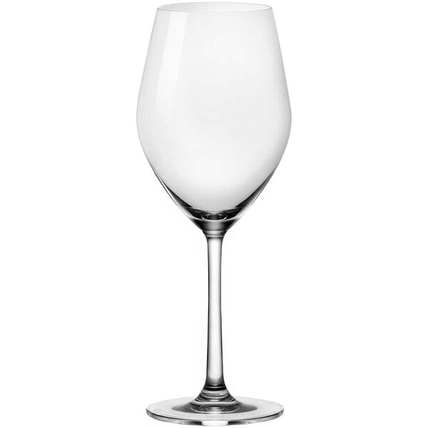 An Anchor Hocking Sondria wine glass with a long stem and clear glass.