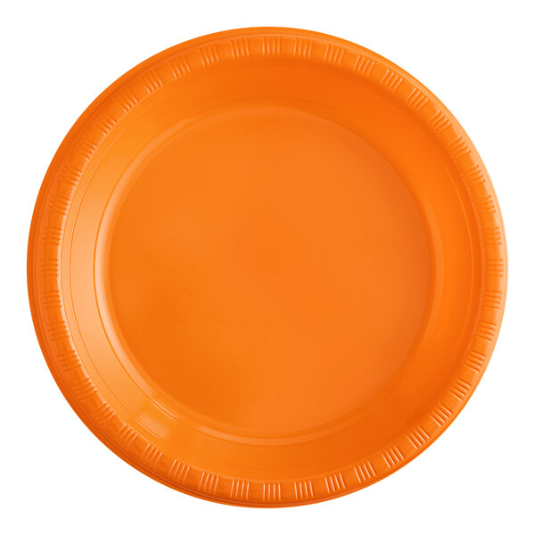 A close-up of a Sunkissed Orange plastic plate.