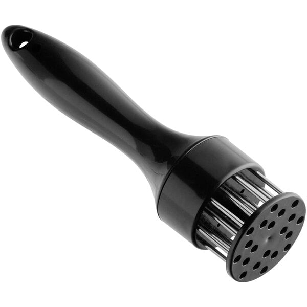 A black meat tenderizer with a handle and 20 prongs.