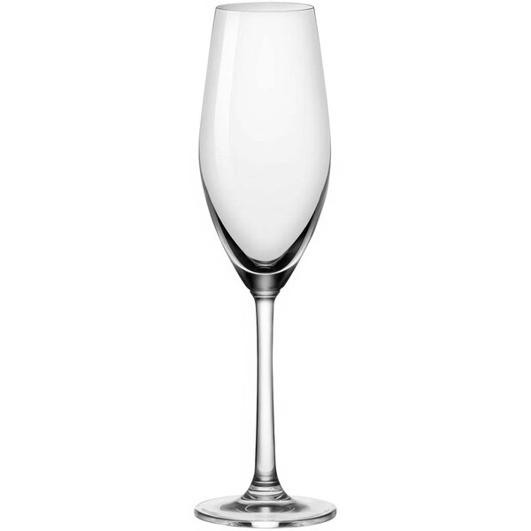 An Anchor Hocking Sondria wine flute with a long stem on a white background.