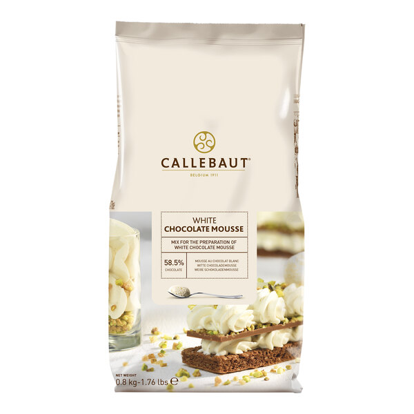 A bag of Callebaut White Chocolate Mousse Mix on a white background.