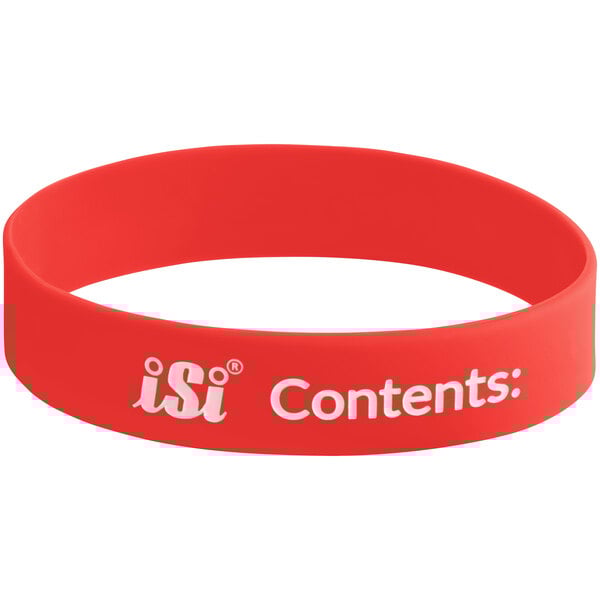 A red rubber wristband that says "iSi" in white text.