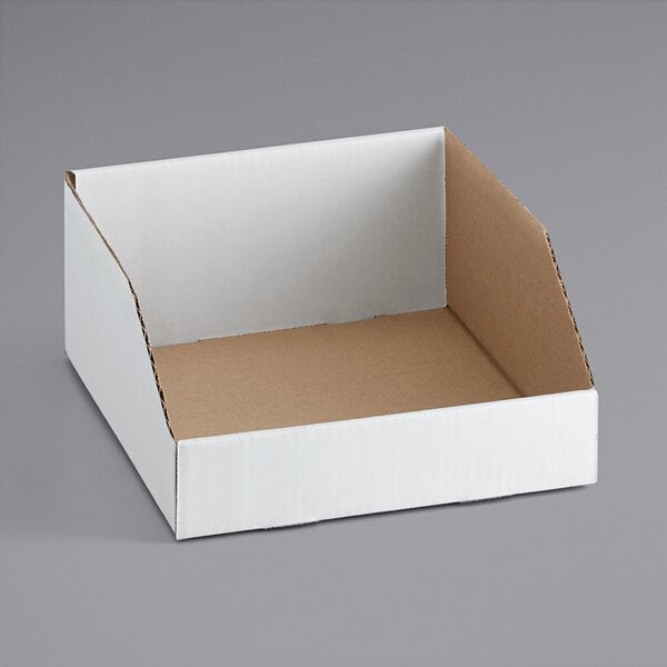 A white Lavex open top corrugated bin on a gray surface.