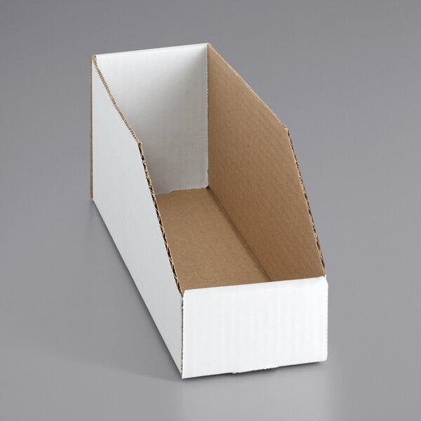 A white cardboard open top bin with a brown bottom and lid.
