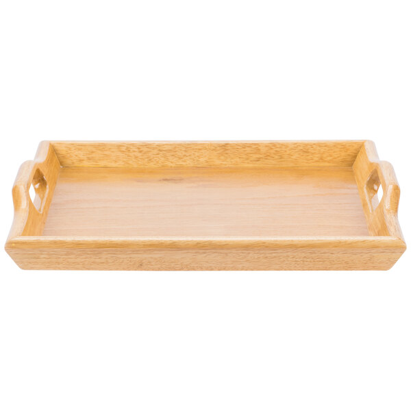 A natural hardwood room service tray with handles.