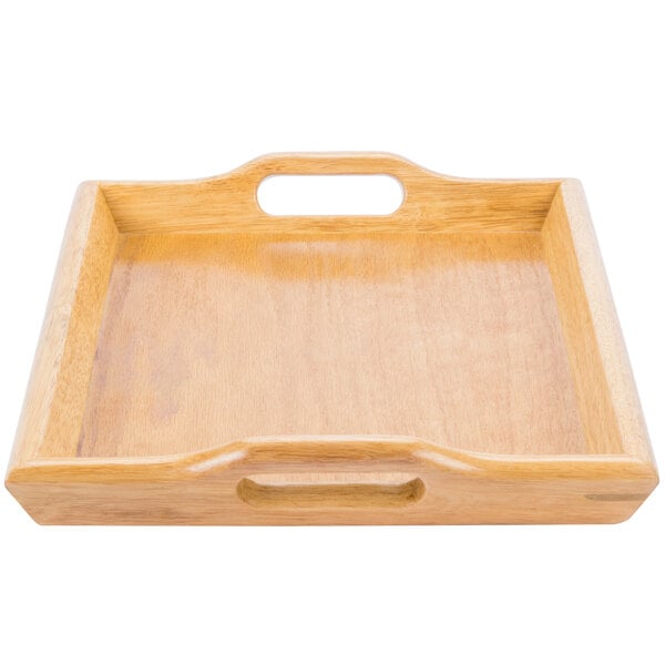 A GET natural hardwood room service tray with handles.