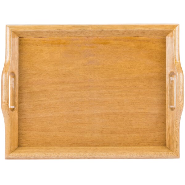 A natural hardwood room service tray with handles.