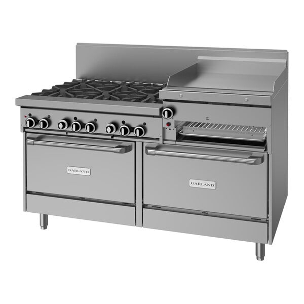 A commercial stainless steel 60-inch range with six burners, a raised griddle/broiler, and two standard ovens.