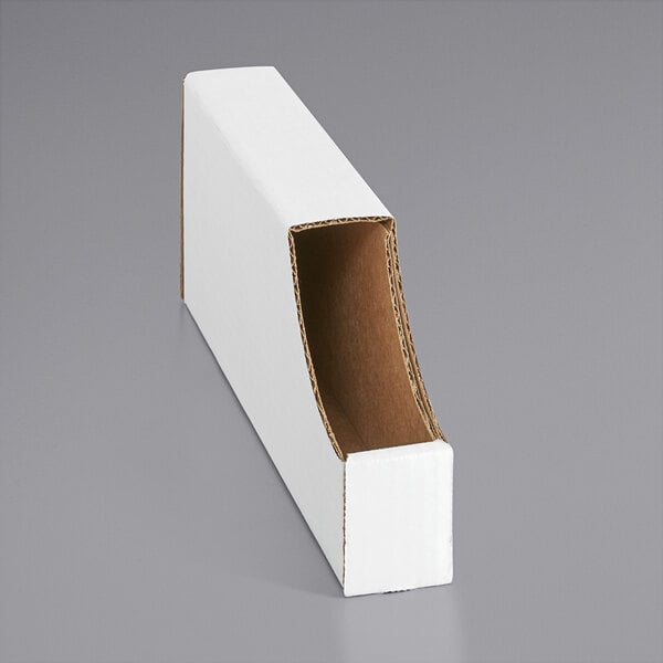A white stackable corrugated bin with a hole in it.