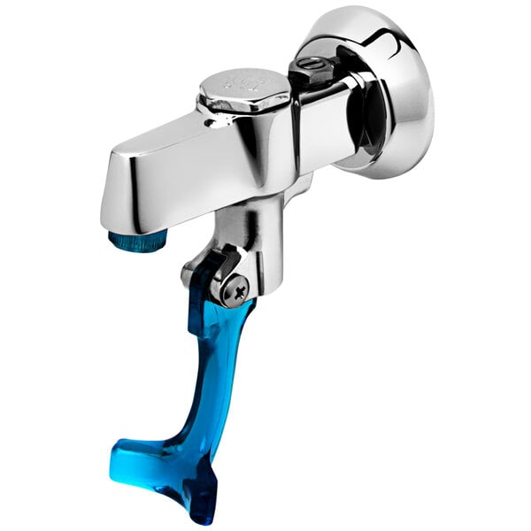 A silver Equip by T&amp;S wall mounted glass filler faucet with a blue handle.