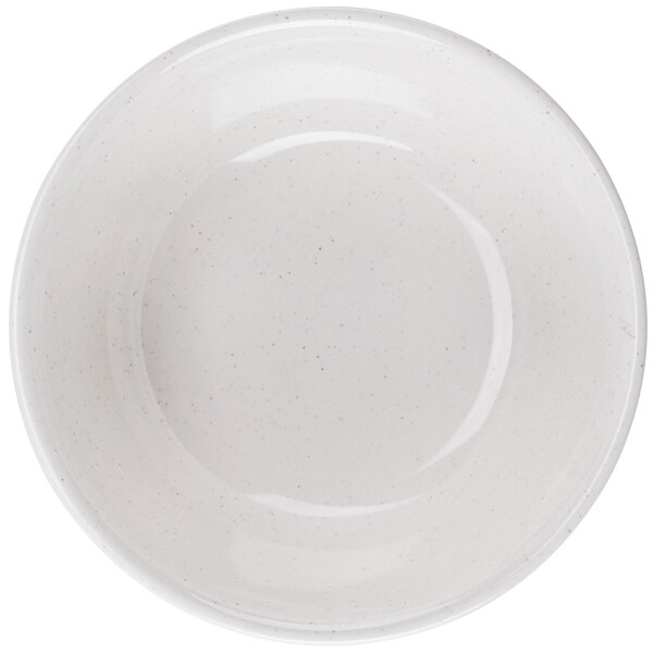 A white melamine bowl with a speckled surface.