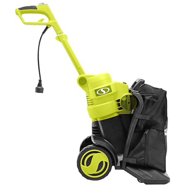 A Sun Joe green and black electric outdoor vacuum, blower, and mulcher with a black bag.