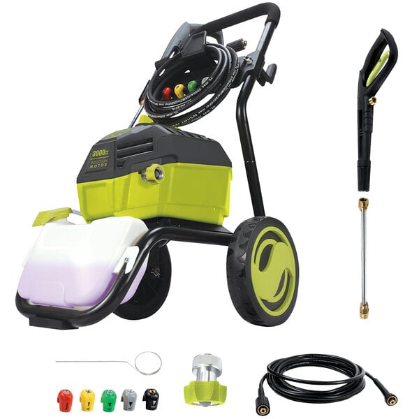 A Sun Joe electric pressure washer with hoses on it.