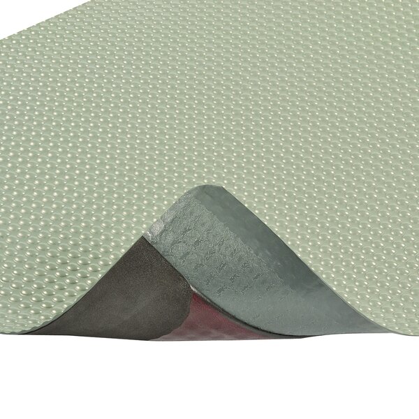 A close-up of a gray Notrax Bubble Trax Grande anti-fatigue mat with black and red details.