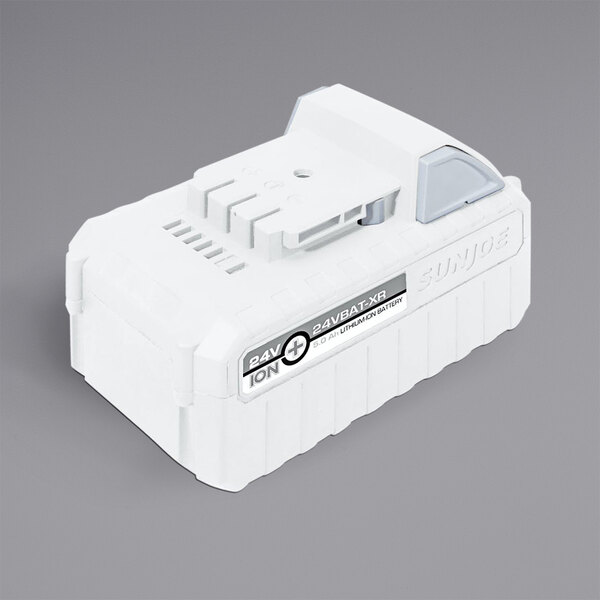 A Snow Joe 24V lithium-ion battery with grey text on the label.