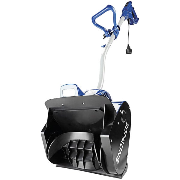 A Snow Joe snow shovel with a blue and black handle.