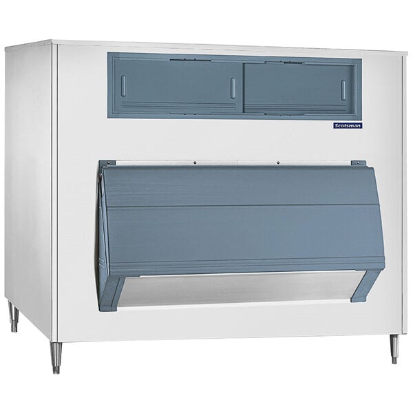 A white Scotsman ice storage bin with a blue door.