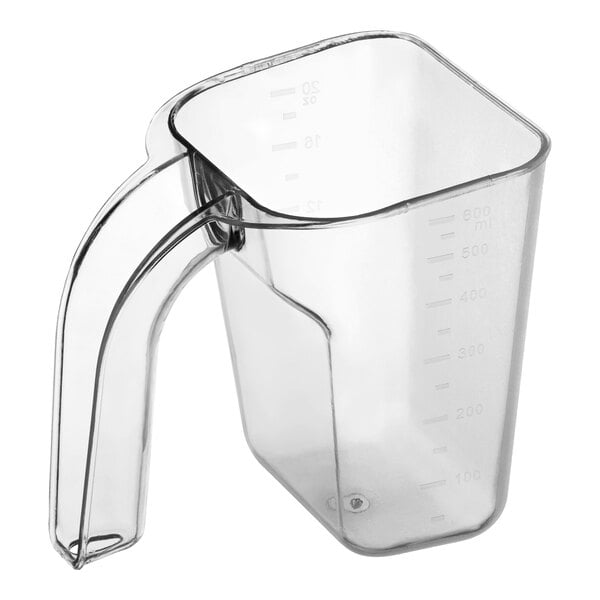 A clear plastic utility and ice scoop with measurement markings and a handle.