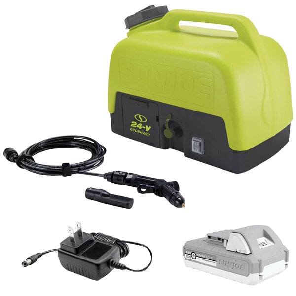 A Sun Joe green and grey portable cordless sprayer with charger.