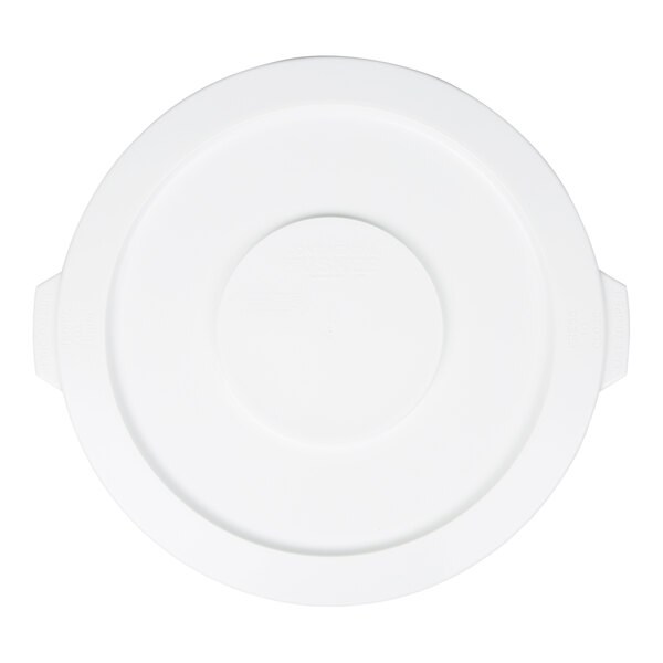 A white round plastic trash can lid.
