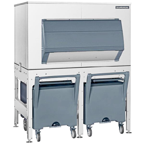 A large white box with a grey rectangular container with two bins inside.
