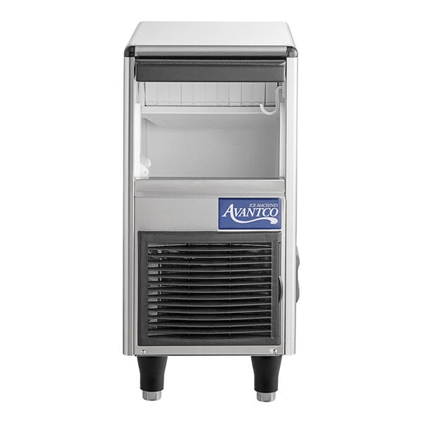 An Avantco silver and black undercounter ice maker with a white background.