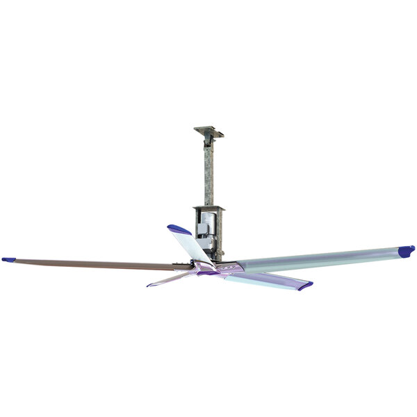 An Envira-North Altra-Air HVLS ceiling fan with blue and silver blades.