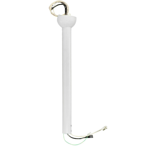A white rectangular pole with a wire for a Hunter Trak ceiling fan.