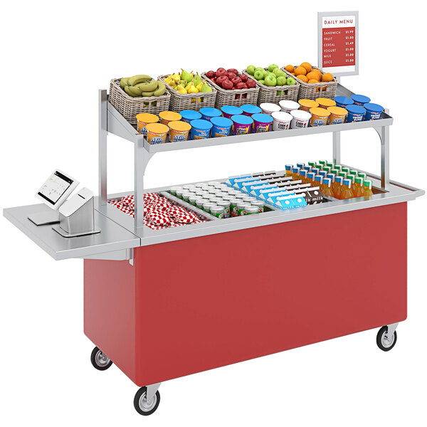 A candy apple red LTI grab n go lite cart with food on it.