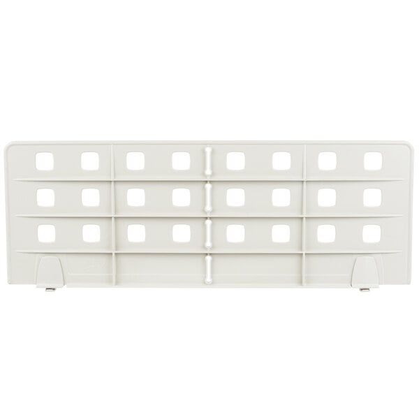 A white plastic Metro shelf divider panel with square holes.