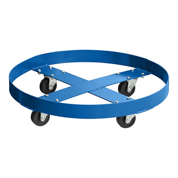 A blue Lavex steel drum dolly with black wheels.