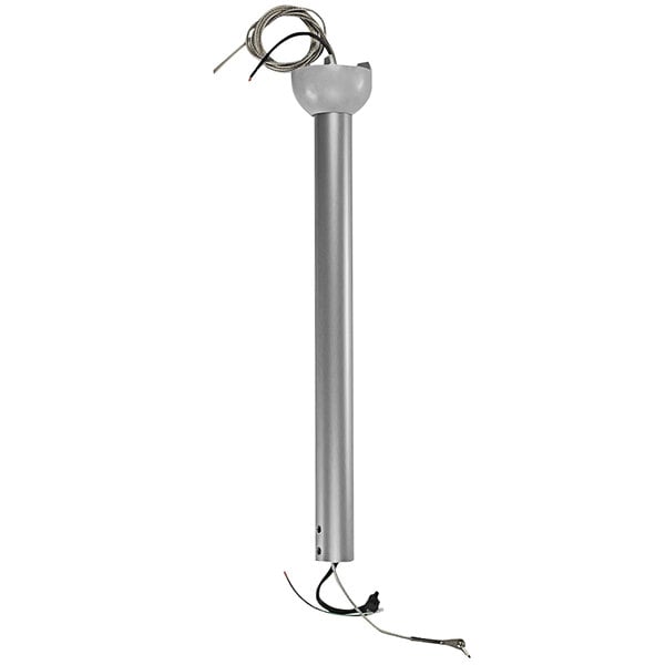 A matte silver metal downrod with wires.