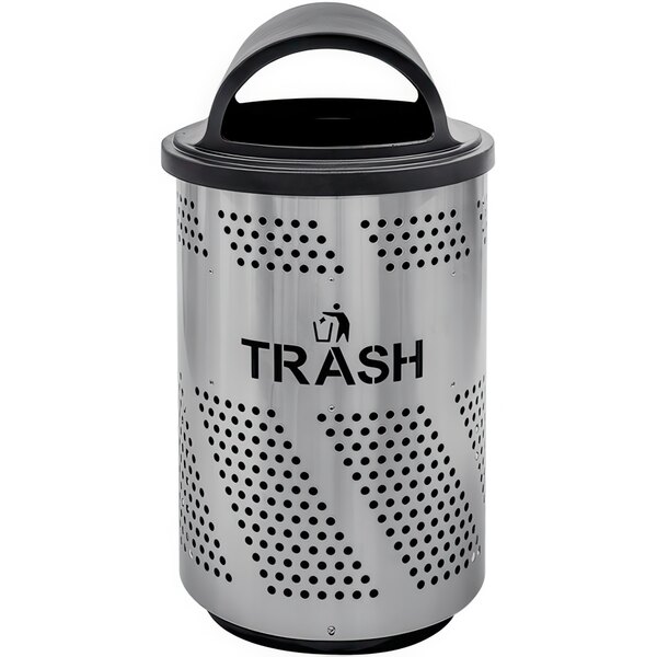 An Ex-Cell Kaiser stainless steel trash can with a hooded black lid.