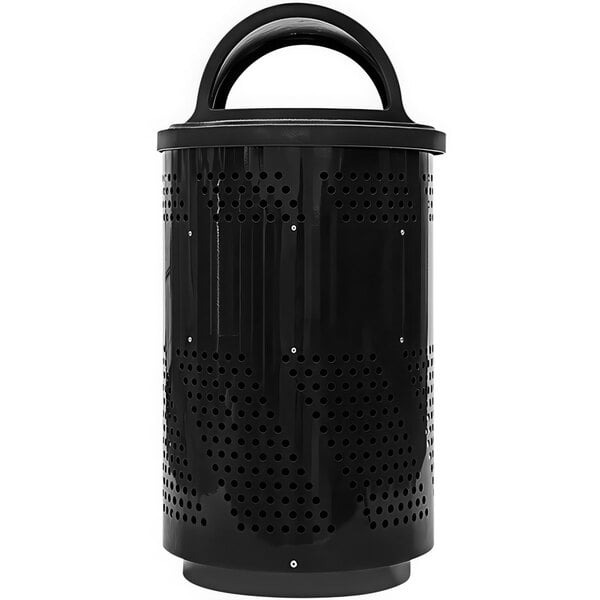 A black metal Ex-Cell Kaiser outdoor trash receptacle with a hooded rain top and holes in the cylinder.