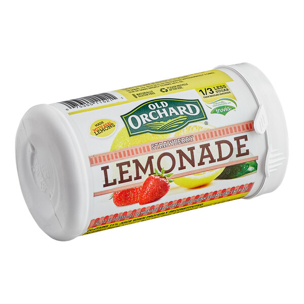 A white container of Old Orchard Strawberry Lemonade fruit juice concentrate with a label.