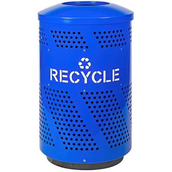 A blue Ex-Cell Kaiser Arena 51 recycling bin with white text and a dome top.