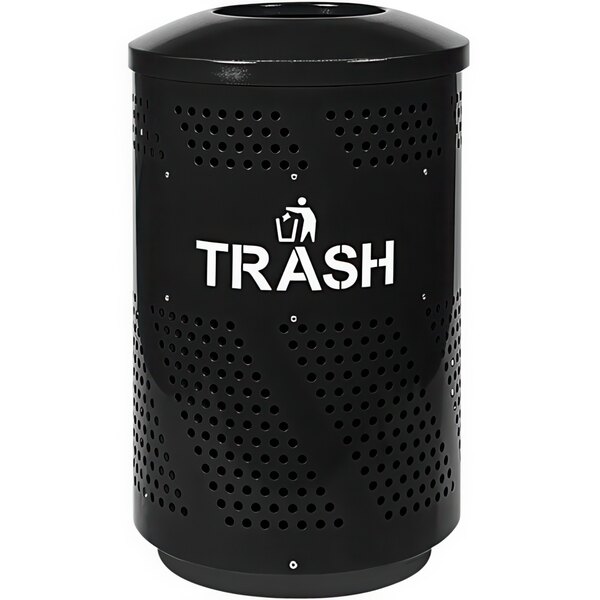 A black Ex-Cell Kaiser outdoor trash receptacle with "Trash" on it and a dome top with holes.