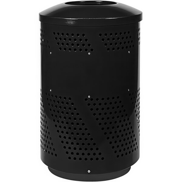 An Ex-Cell Kaiser black steel cylindrical trash receptacle with holes in it.