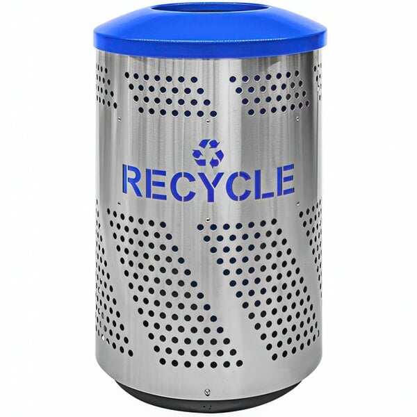 A silver stainless steel Ex-Cell Kaiser recycling receptacle with blue and silver accents and blue recycle text.