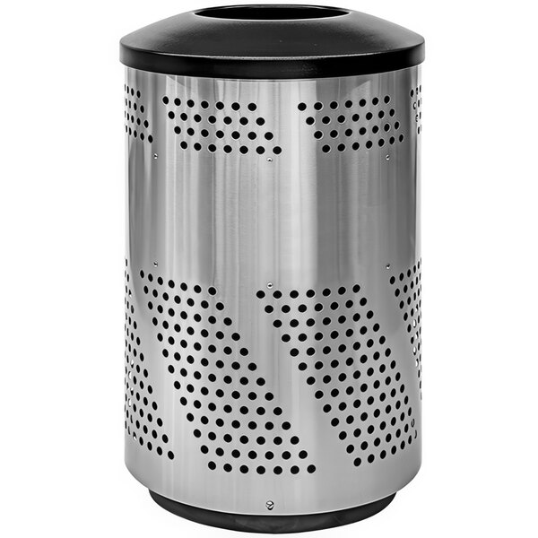 A silver stainless steel Ex-Cell Kaiser outdoor trash receptacle with a dome top and holes in it.